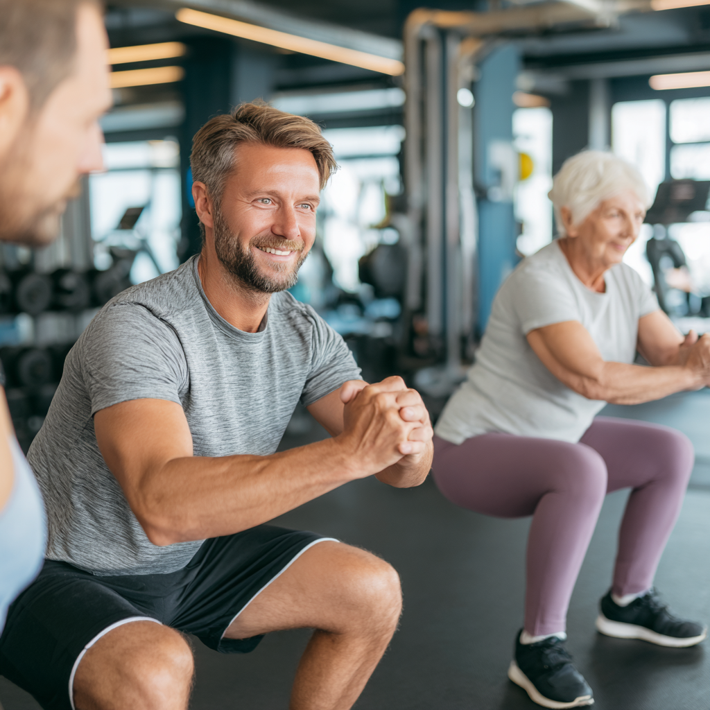 Group of diverse middle-aged Ukrainian adults smiling and exercising together in a modern fitness studio, showing strength and determination